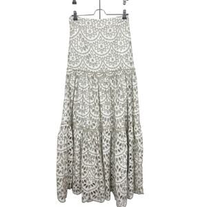 PINKO Size 6 White Tan Eyelet Embroidered Long Maxi Skirt Scalloped Hem